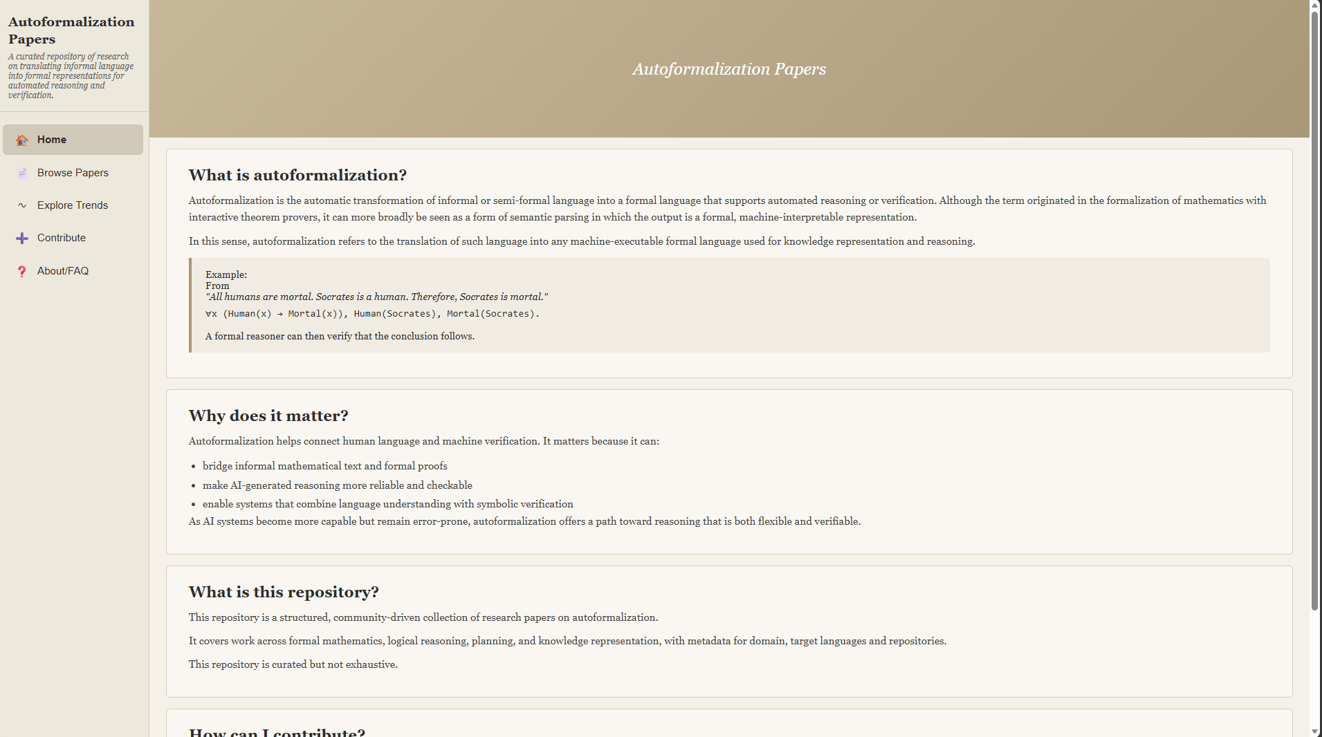 Screenshot of the DICE Lab autoformalization paper catalogue